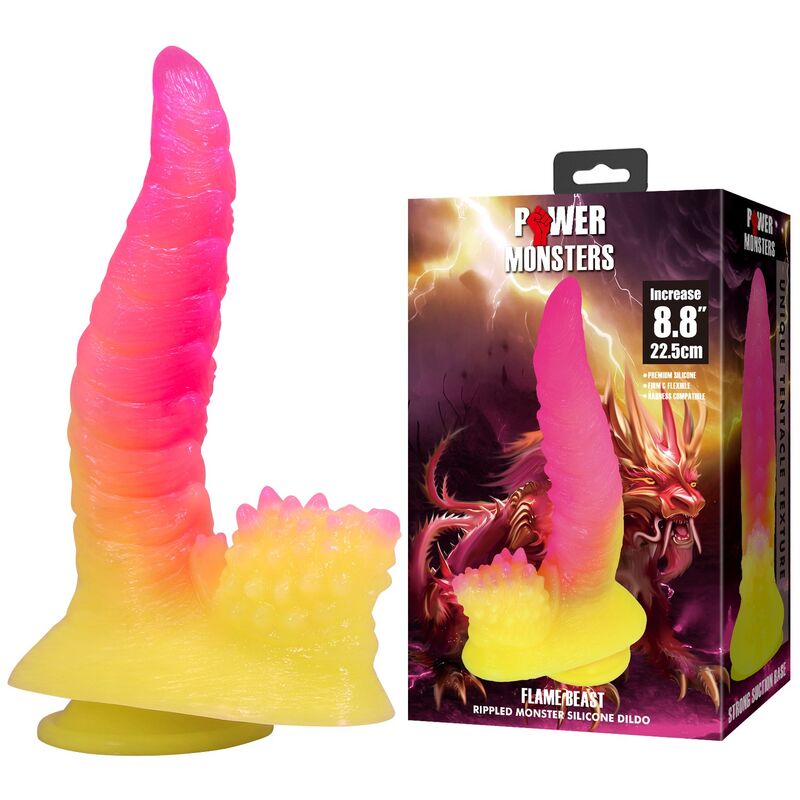 POWER MONSTERS - RIPPLIED MONSTER DILDO FANTASÍA CON VENTOSA 22,5 CM Ø 5,5 CM ROSA Y AMARILLO - Imagen 3
