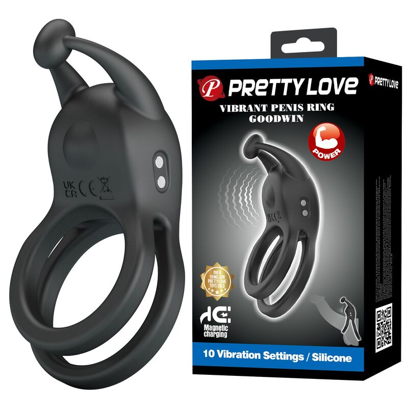 PRETTY LOVE - GOODWIN ANILLO VIBRADOR DOBLE PARA PENE RECARGABLE NEGRO - Imagen 9