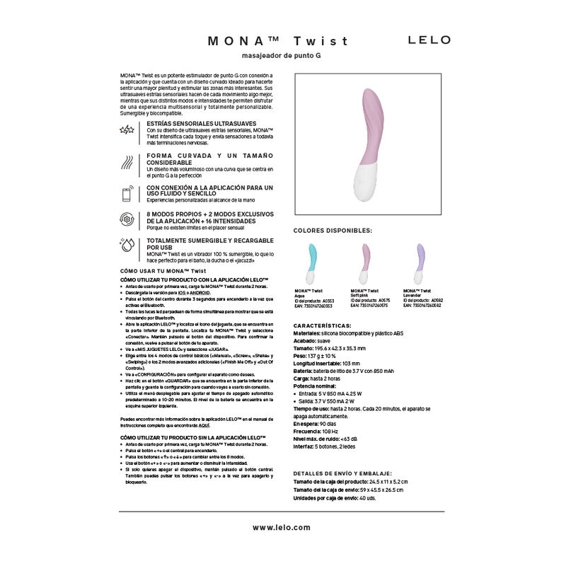 LELO - MONA TWIST VIBRADOR PARA PUNTO G RECARGABLE APP CONTROL LAVANDA LILA - Imagen 10