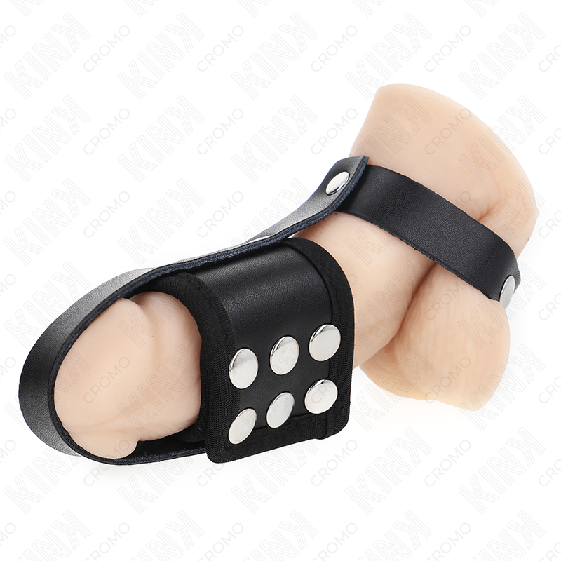 KINK - LEATHER PENIS CAGE RING WITH ADJUSTABLE COATED BALL DIVIDER STRAP - Image 2