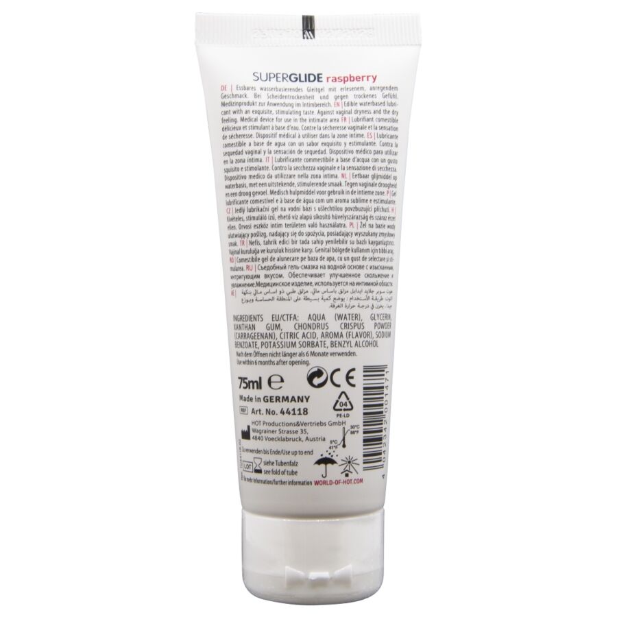 HOT - SUPERGLIDE LUBRICANTE COMESTIBLE BASE AGUA FRAMBUESA 75 ML - Imagen 2